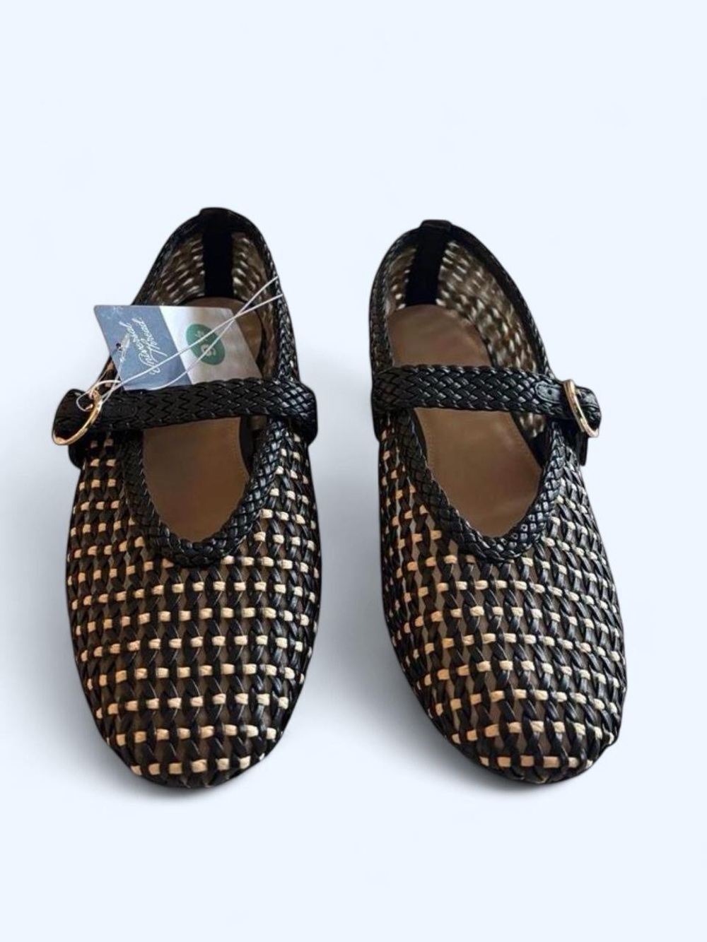 NWT! Women's Black & Cream Woven Mary Jane Flats - Picture 2 of 5